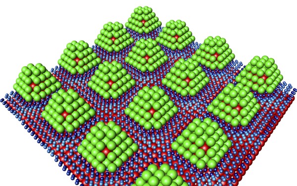 Die Palladium-Nanopartikel (grün) werden durch einen Kern aus Iridium (rot) stabilisiert. Auf ihrer Oberfläche kann sich Wasserstoff wie eine Art Schokoladenglasur anlagern – und durch Erwärmen wieder abgelöst werden.